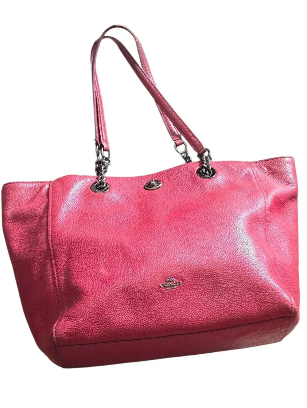 Coach Dark Red Pebbled Turnlock Leather Tote Bag - Signature Chain Strap 56830